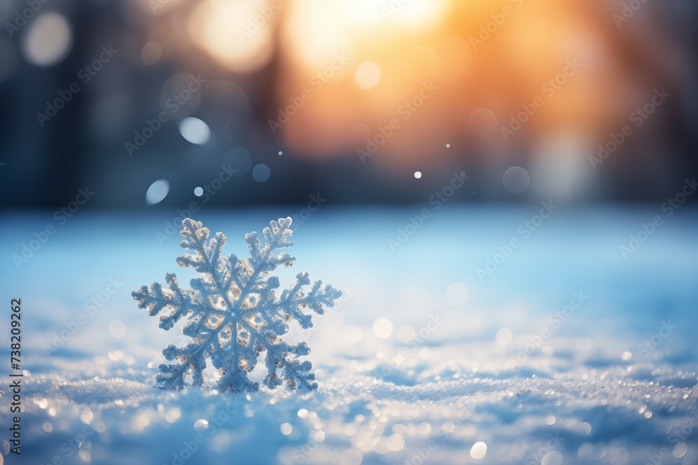 closeup snowflake on blurred snow bokeh background closeup snowflake on blurred snow bokeh background