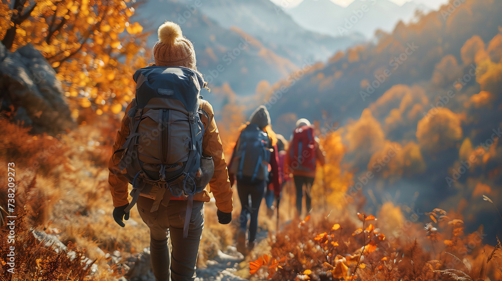 Misty Mountain Trail: Hikers in Autumn Splendor Misty Mountain Trail: Hikers in Autumn Splendor