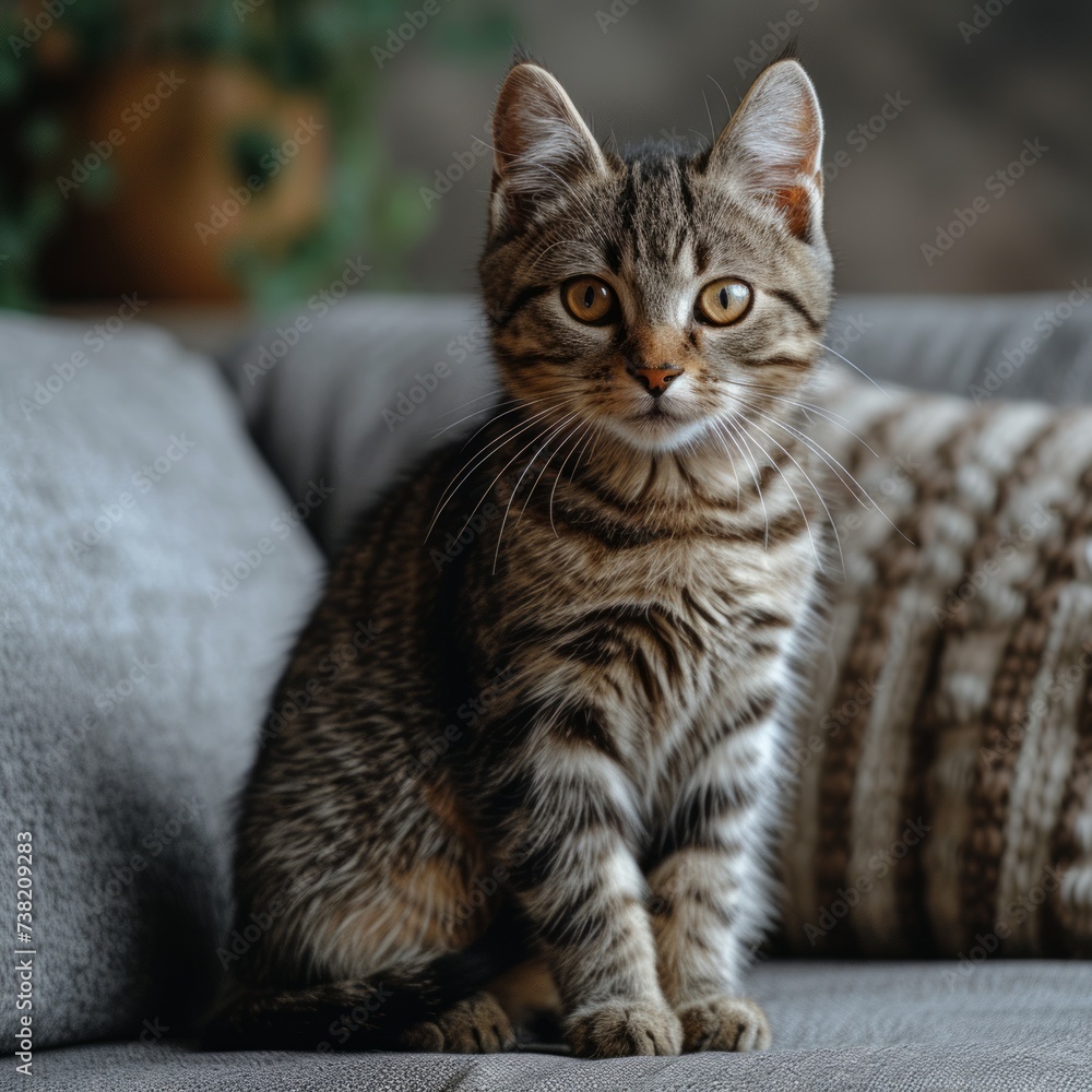 A cute tabby kitten sits on a gray couch and looks at the camera A cute tabby kitten sits on a gray couch and looks at the camera