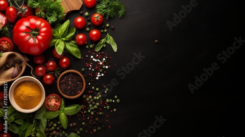 Black table with food ingredients and utensil, top view frame style