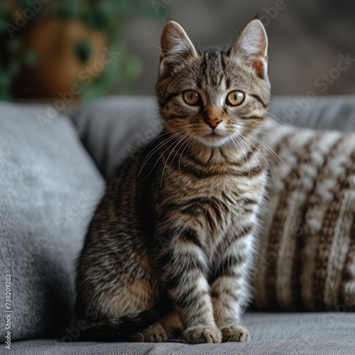 A cute tabby kitten sits on a gray couch and looks at the camera