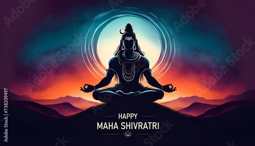 Illustration of maha shivratri greeting card in watercolor style with silhouette of Lord Shiva meditating.