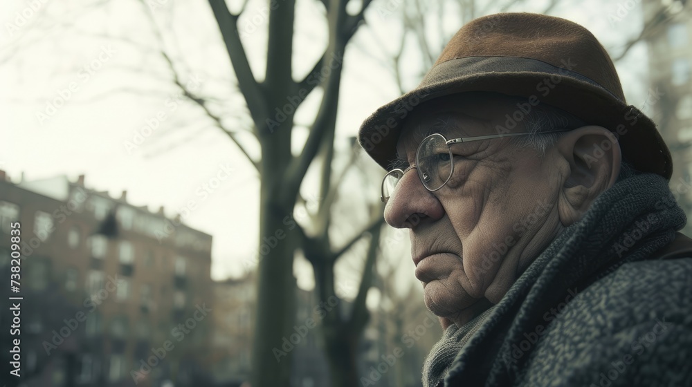 An elderly man inspects his surroundings with a suious squint. An elderly man inspects his surroundings with a suious squint.