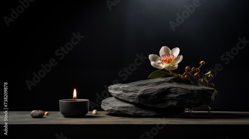 Spa Background: Spa Stone, Scented Candle, and Flowers.