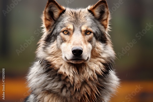 A majestic grey wolf with piercing yellow eyes stares at the camera in the rain photo