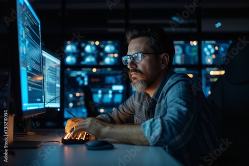 Male software engineer working on multiple computers in a dark room