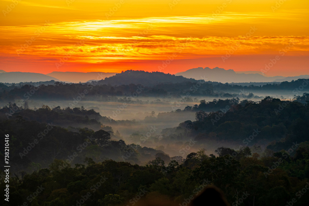 Fototapeta premium The stunning view from a tourist's standpoint as they go down a hill on a foggy trail with a hill and a background of a golden sky in Forest Park, Thailand. Rainforest. Bird's eye view. Aerial view.