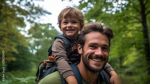 Happy young father carrying his smiling son on his shoulders in a child carrier backpack while hiking in the woods