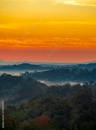 The stunning view from a tourist s standpoint as they go down a hill on a foggy trail with a hill and a background of a golden sky in Forest Park  Thailand. Rainforest. Bird s eye view. Aerial view.