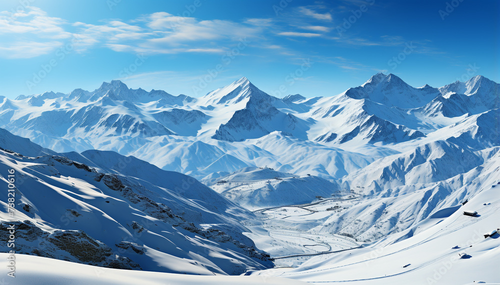 Obraz premium Winter mountain landscape blue sky, snowy peaks, tranquil and cold generated by AI