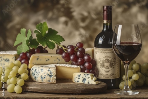 An arrangement of wine, cheese and grapes
