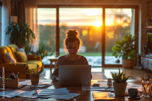 Woman working from home using laptop in home office photo