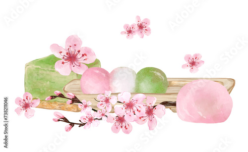Hanami Festival. Traditional Japanese dessert and sakura flowers. Spring composition in watercolor style. Hand drawn illustration isolated