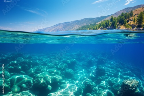 The crystal clear water of a lake with a rocky bottom and a beautiful mountain landscape in the background