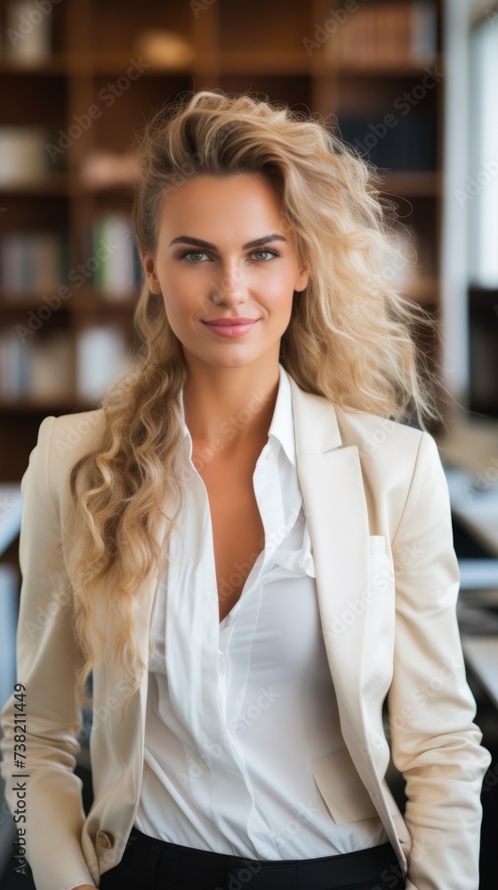 Portrait of a beautiful young woman with long blonde hair wearing a white suit Portrait of a beautiful young woman with long blonde hair wearing a white suit