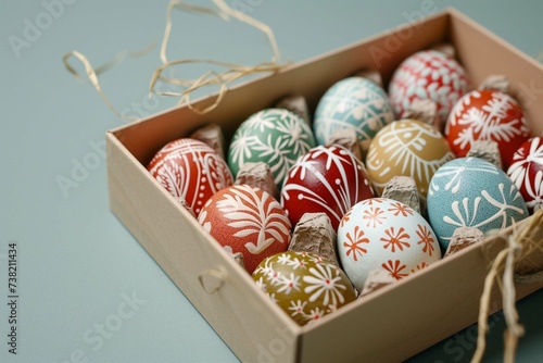 Decorated and painted Easter eggs in an eggbox on isolated pastel grey background photo
