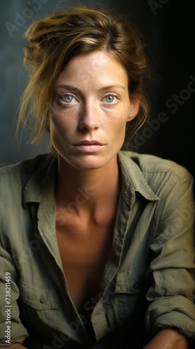 Portrait of a young woman with green eyes and freckles