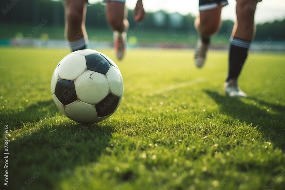 Two soccer players running after a soccer ball on a field with green grass during a game Two soccer players running after a soccer ball on a field with green grass during a game