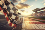 Waving checkered flag with racing track in background. Racing finish flag in motorsport