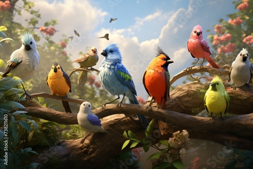 A group of beautiful and colorful birds sitting on a tree branch © Tarun