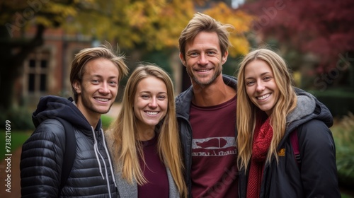 Happy family of four with two teenage children posing outside in the fall