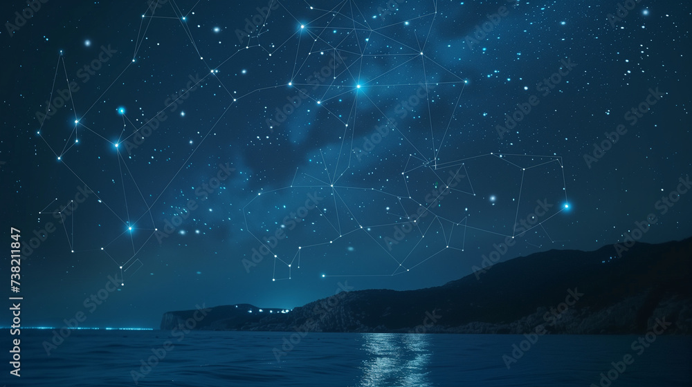 Starry Seaside Reverie: Dreamy Nightscape with the Pisces Constellation Glowing Over a Calm Ocean, Evoking Tranquility and Cosmic Wonder in High Resolution