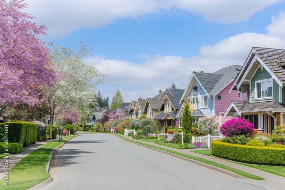 Colorful suburban street with blooming trees and flowers