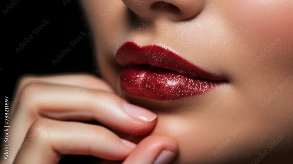 Naklejka premium Close up of woman's lips with red glitter lipstick