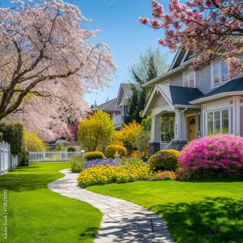 Colorful flowers and trees in a beautiful neighborhood © Adobe Contributor