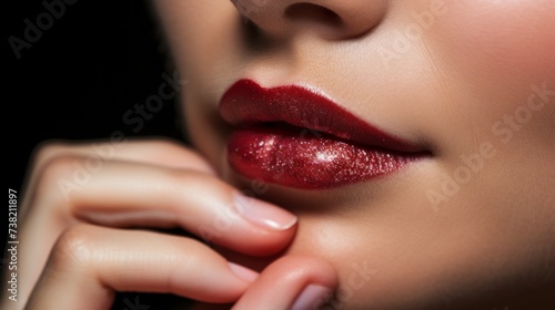 Close up of woman s lips with red glitter lipstick