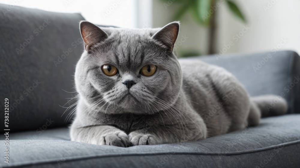 Blue exotic shorthair cat lying on sofa at home