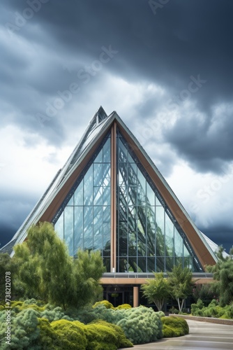 A modern glass and steel church building with a triangular roof and large glass windows reflecting the sky and trees