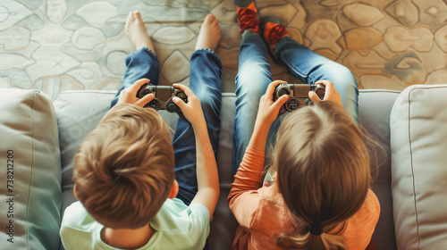 Boy and girl are immersed in playing a video game console at home, using a joystick or controller. Young siblings are enjoying themselves, embodying concept of family leisure with real-life enjoyment