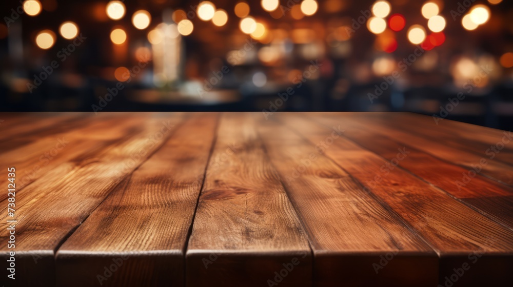 Empty wooden table with blurred background of restaurant