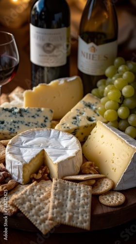 An assortment of cheese and wine