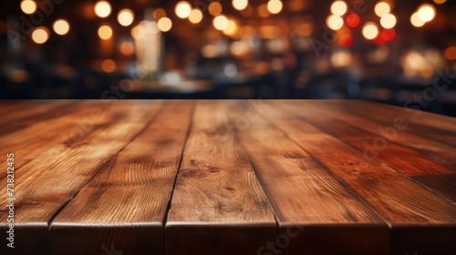 Empty wooden table with blurred background of restaurant © Adobe Contributor