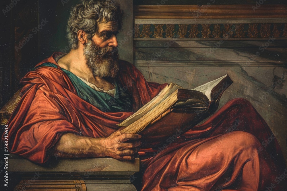 Aristotle: greek philosopher, polymath of classical period, ancient greece's profound thinker and influential figure in fields spanning philosophy, science, ethics, politics - obrazy, fototapety, plakaty 