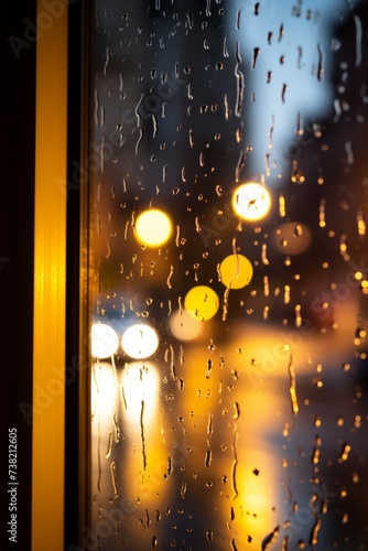 Raindrops on window with blurred city lights in the background