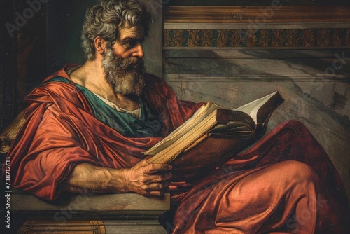Aristotle: greek philosopher, polymath of classical period, ancient greece's profound thinker and influential figure in fields spanning philosophy, science, ethics, politics photo