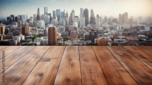 Wooden table with blurred cityscape background