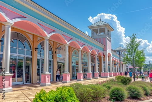 Colorful buildings with shoppers walking by photo