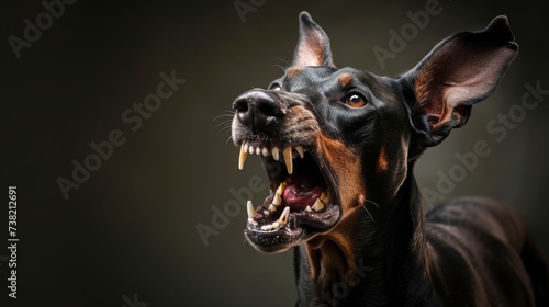 Portrait of a black and tan doberman dog with open mouth