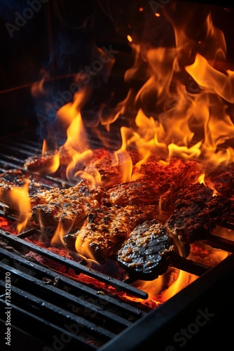 Grilled meat on a flaming grill