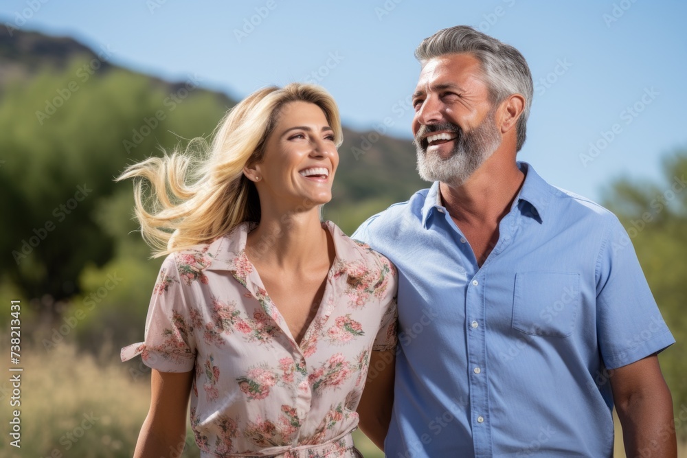 Happy middle-aged couple walking in nature