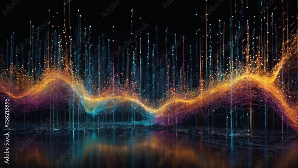 Lively particle display. Sound waves and melodic visualization. - obrazy, fototapety, plakaty 