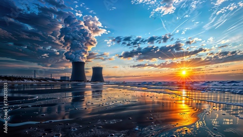 A nuclear power plant spewing smoke into a blue sky. photo