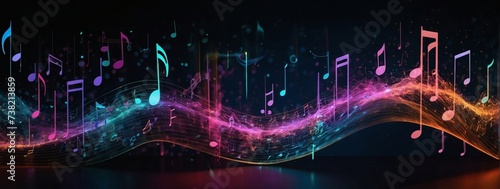 Luminous particle flow. Music and melodic notes display.