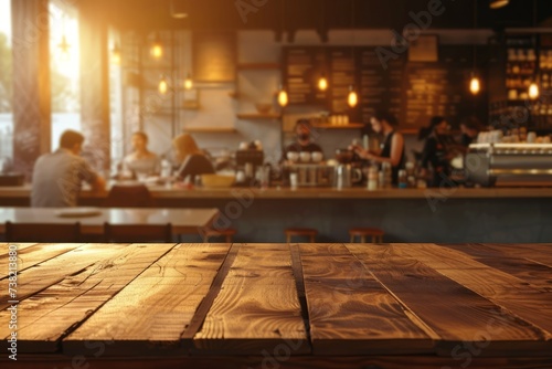 Wooden table in a cafe with blurred background of people and barista