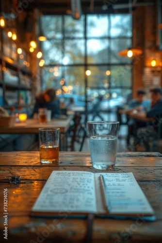 An open notebook sits on a wooden table in a cafe with a glass of water and a glass of whiskey next to it