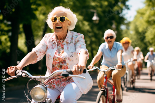 Elderly women and men doing a bike ride, active lifestyle in retirement, summer © Мария Кривецкая